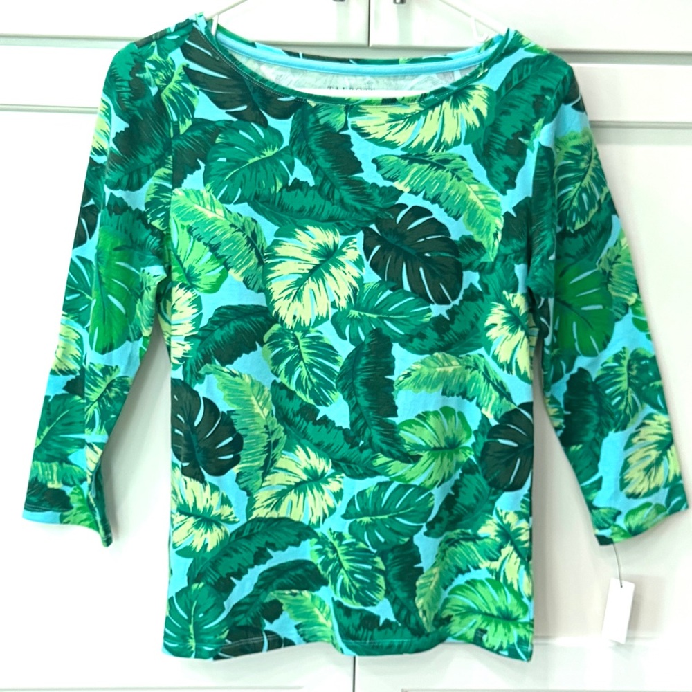Talbots Leaf Print Shirt Top Green and Blue NWT Cotton Spandex Small